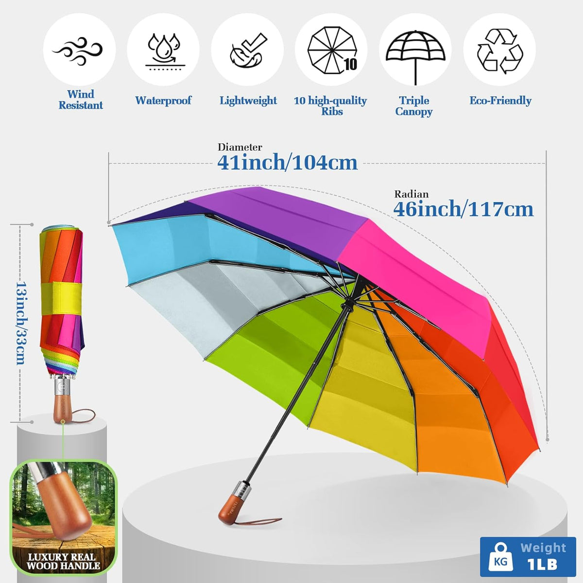 Umbrella Strong Windproof, Triple-Layer Canopy, 10 Fiberglass Ribs, Auto Open/Close, Wooden Handle, Sleeve with Anti-Loss Hook, Umbrellas for Travel & Commute & Daily Use & Gift