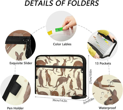 Gredecor 13 Pockets File Folder Organizer A4/Letter Water Resistant Australian Big Red Kangaroo Document Bag with Zipper Filing Folder Expanding File Pouch Storage for School Office