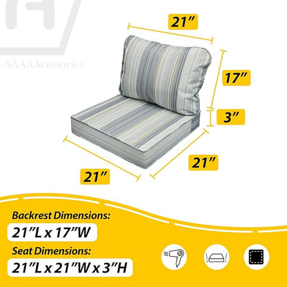 AAAAAcessories Outdoor Seat Cushions for Chairs, Fade-Resistant, Waterproof Patio Furniture Replacement Cushions, 21" x 21" x 3" + 21" x 17", Ash Blue Harbor Stripe