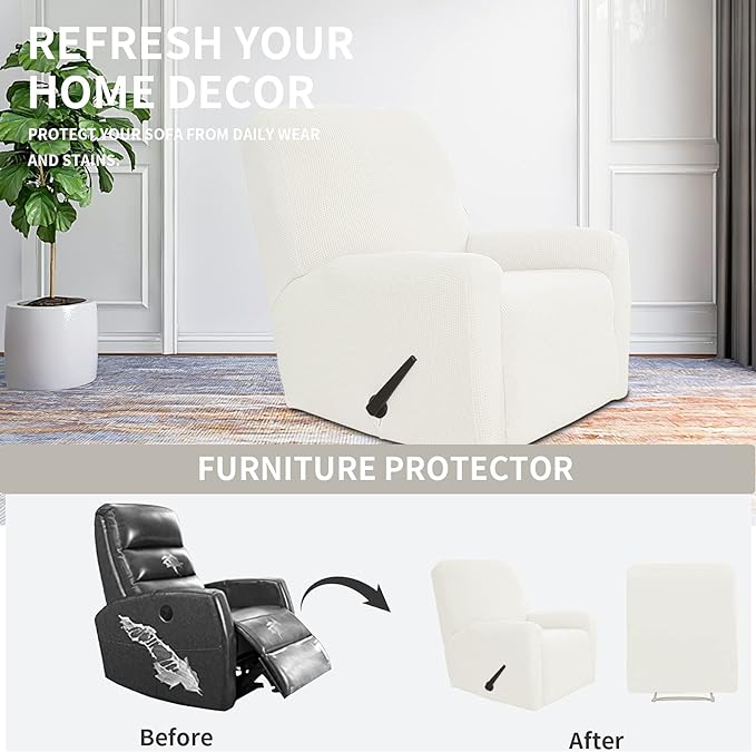 Easy-Going Recliner Stretch Sofa Slipcover Sofa Cover 4-Pieces Furniture Protector Couch Soft with Elastic Bottom, Spandex Jacquard Fabric Small Checks(Recliner,Cream)