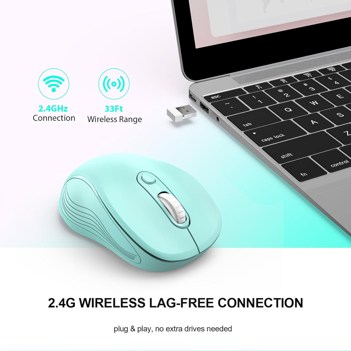 WisFox 2.4G Wireless Mouse for Laptop, Ergonomic Computer Mouse with USB Receiver and Type-C Adapter, 3 Adjustable Levels DPI, 6 Button Cordless Wireless Mice (Mint Green)
