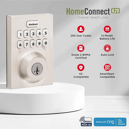 Kwikset HomeConnect 620 Z-Wave Long Range Enabled Keypad Smart Lock Convenient Keyless Entry, Customizable User Codes, Ring Alarm Compatible, Hub Required, Sold Separately Polished Chrome Contemporary