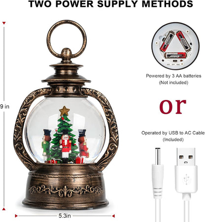 Christmas Snow Globe Lantern Water Glittering Nutcrackers with Music & Timer, USB Lined/Battery Operated Lighted Lantern for Christmas Festival Decoration Gifts