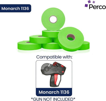 Perco Fluorescent Green Pricing Labels for Monarch 1136 Price Gun - 8 Rolls, 14,000 Pricemarking Labels