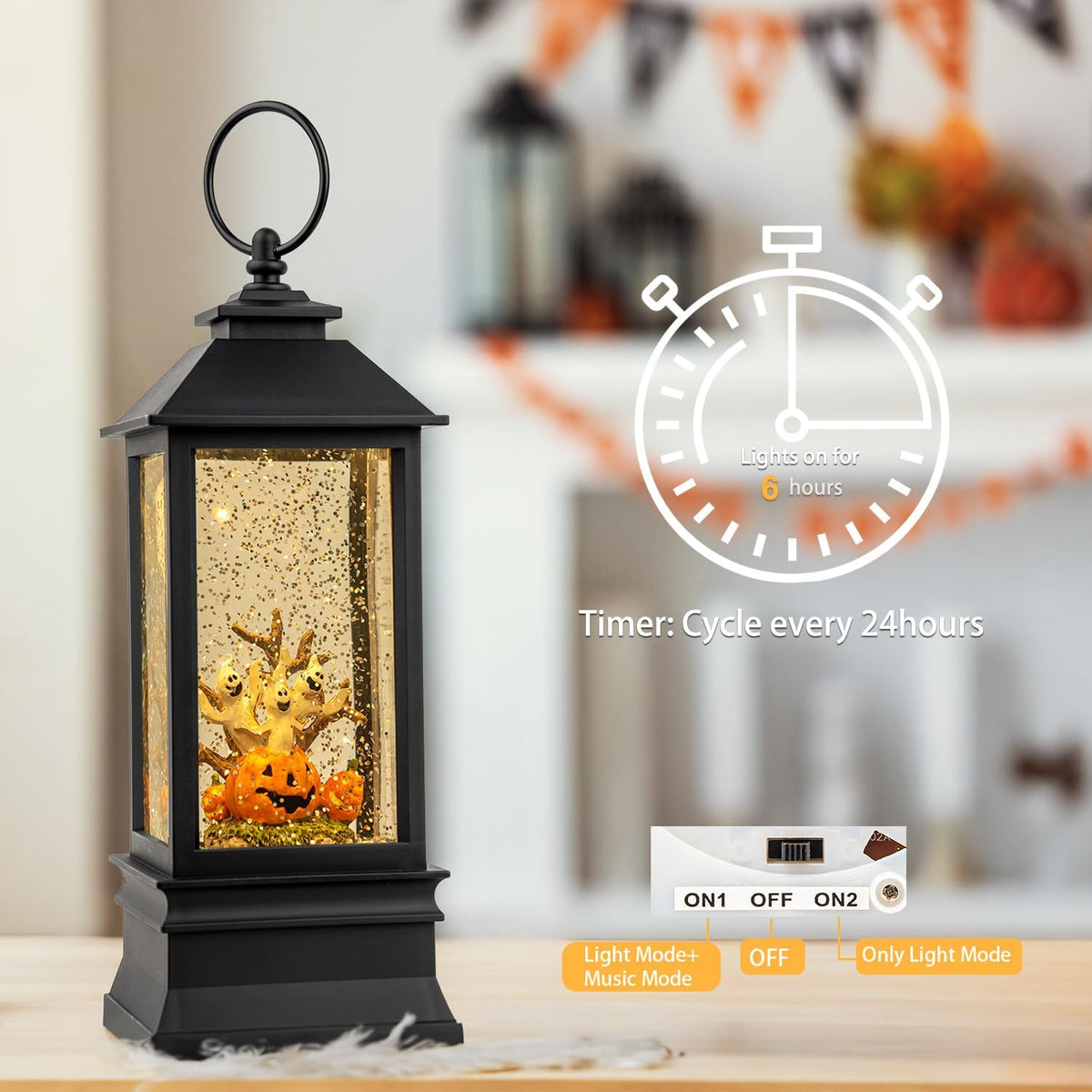 Halloween Snow Globe Lantern Water Glittering Spooky Ghosts in Pumpkins with Music, USB Lined/Battery Operated Lighted Lantern for Halloween Festival Decoration Gifts