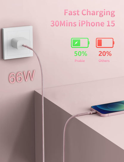 USBC Cable 10FT, 2Pack Long USBC Fast Charging Cable, Nylon Braided USB C to USB C iPhone Charger Cord Compatible with iPhone 16/15/Pro Max/Plus/Samsung Galaxy S23/LG/Switch-Pink