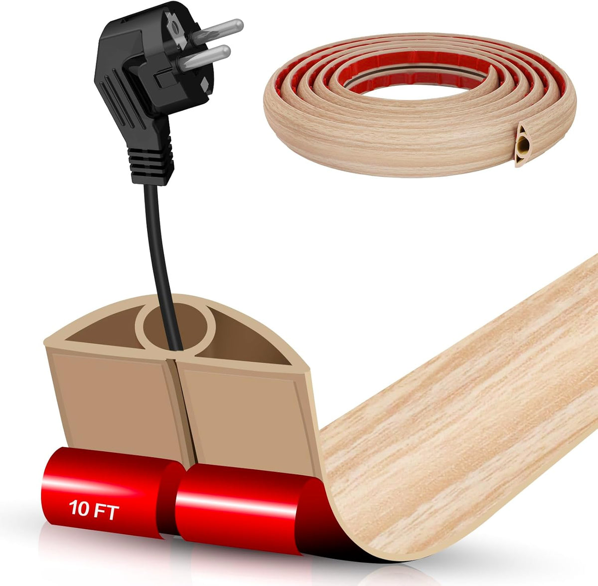Floor Cord Cover Self Adhesive Cord Hider,10FT Cable Management, Extension Strip Protector for Wires, Prevent Cable Trips for Offices, Gyms, Exhibitions Cavity:0.3"(W) x0.28(H) WoodLightyellow