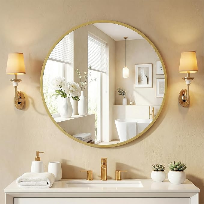 NEWBULIG 20 Inch Round Wall Mirror, Bathroom Mirror for Over Sink, Matte Metal Framed Circle Vanity Mirror, Wall Decor for Bedroom, Anti-Rust, Tempered Glass, Hanging or Leaning, Classic Gold