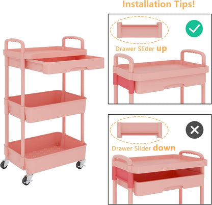 Calmootey 3-Tier Rolling Utility Cart with Drawer,Multifunctional Storage Organizer with Plastic Shelf & Metal Wheel,Storage Cart for Kitchen,Bathroom,Living Room,Office,Pink