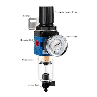NANPU 1/4" NPT Compressed Air Filter Regulator Combo Piggyback, 5 Micron Brass Element, Poly Bowl, Manual Drain, Metal Bracket, 0-150 psi Gauge - AW2000-02M