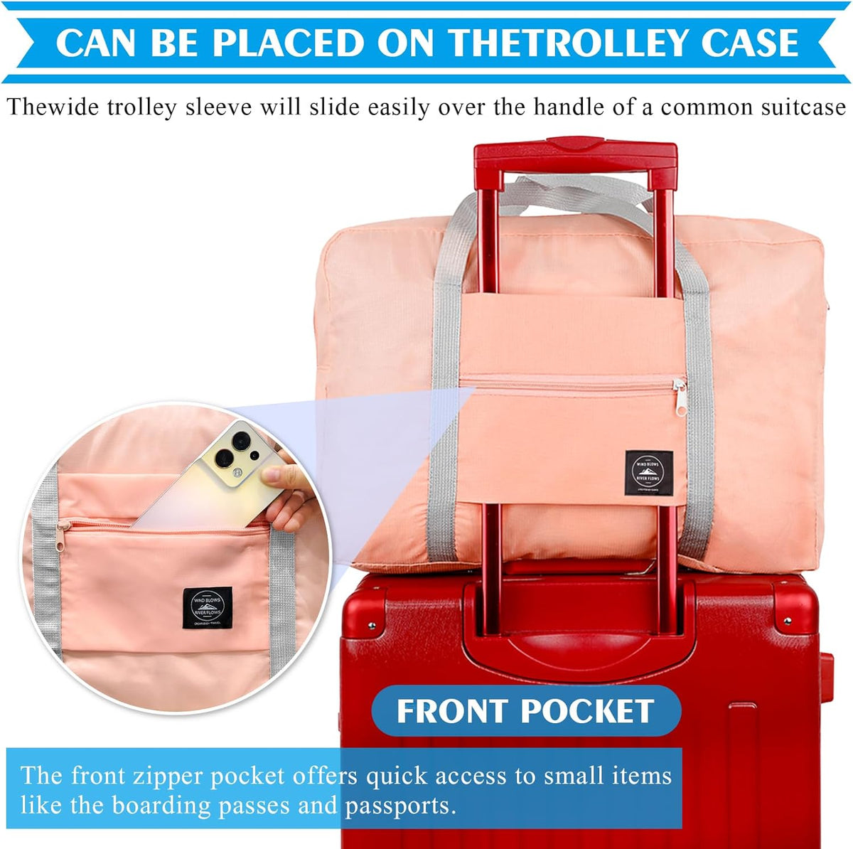 Travel Duffle Bag Tote Carry on Bag Nylon Lightweight Foldable Travel Bag Water Resistant Sports Gym Duffle Weekender Overnight Bag (Pink+Pe bag)
