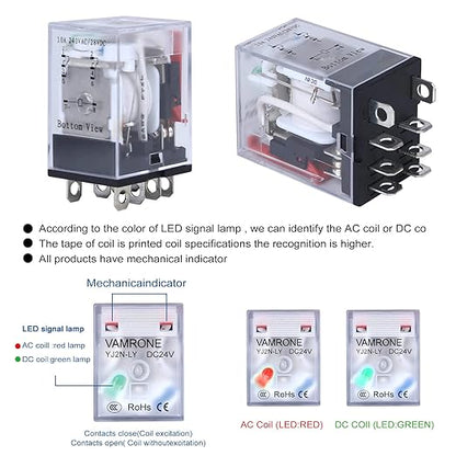 Electromagnetic Power Relay, 8-Pin 10 AMP 24V DC Relay Coil with Socket Base, LED Indicator, DPDT 2NO 2NC - MY5NJ 2PCS [Applicable for DIN Rail System]