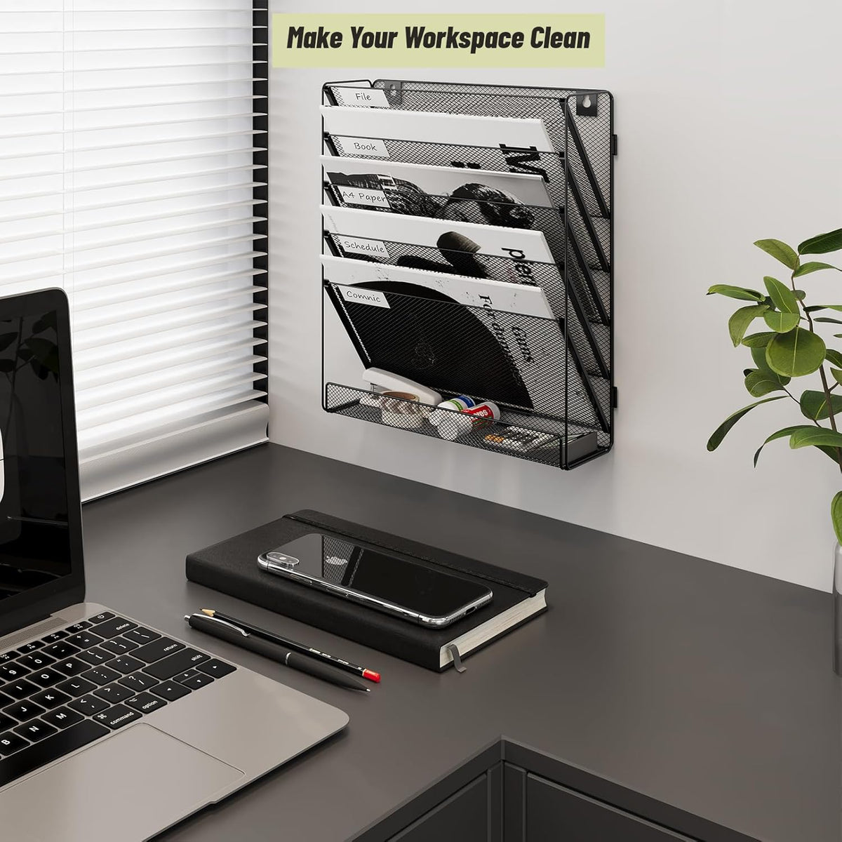 6 Tier File Wall Mounted Magazine Rack with Tray Mesh A4 Paper Organiser Mail Holder Storage No-Side, Black