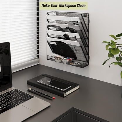 6 Tier File Wall Mounted Magazine Rack with Tray Mesh A4 Paper Organiser Mail Holder Storage No-Side, Black