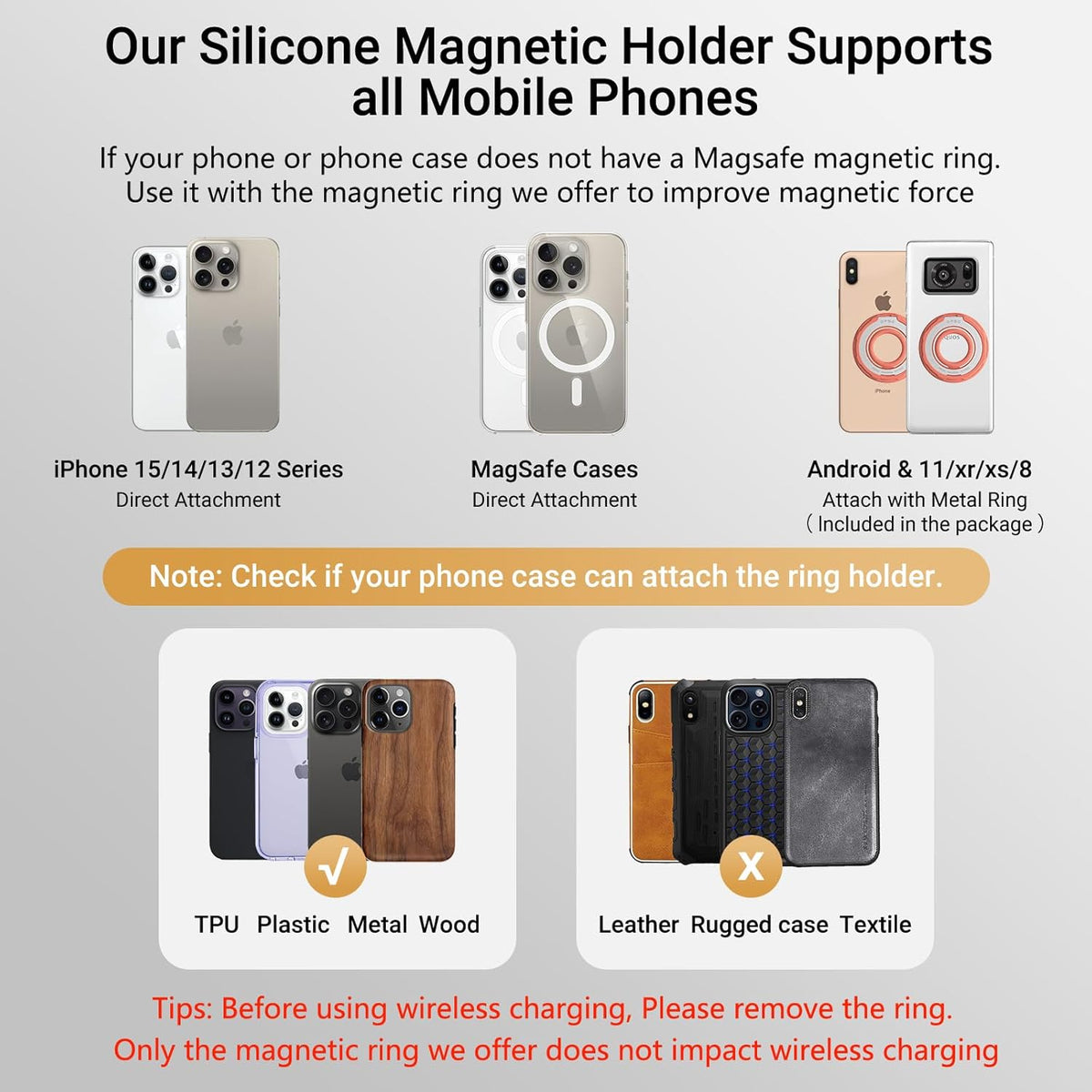 OPSO Magnetic Phone Ring Holder for MagSafe, 360 Degree Rotation Silicone Finger Ring Grip Stand Holder, Adjustable Kickstand, Compatible with iPhone 16 15 14 13 12/Pro/Max, Samsung and All Smartphone