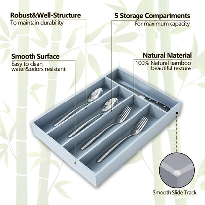 Silverware Organizer, 2 Pack 10 Inch Utensil Organizer Kitchen Drawer Organizer Bamboo Silverware Holder Cutlery Tray Organizer in Drawer Flatware Organizer Tray(5 slots, Gray）
