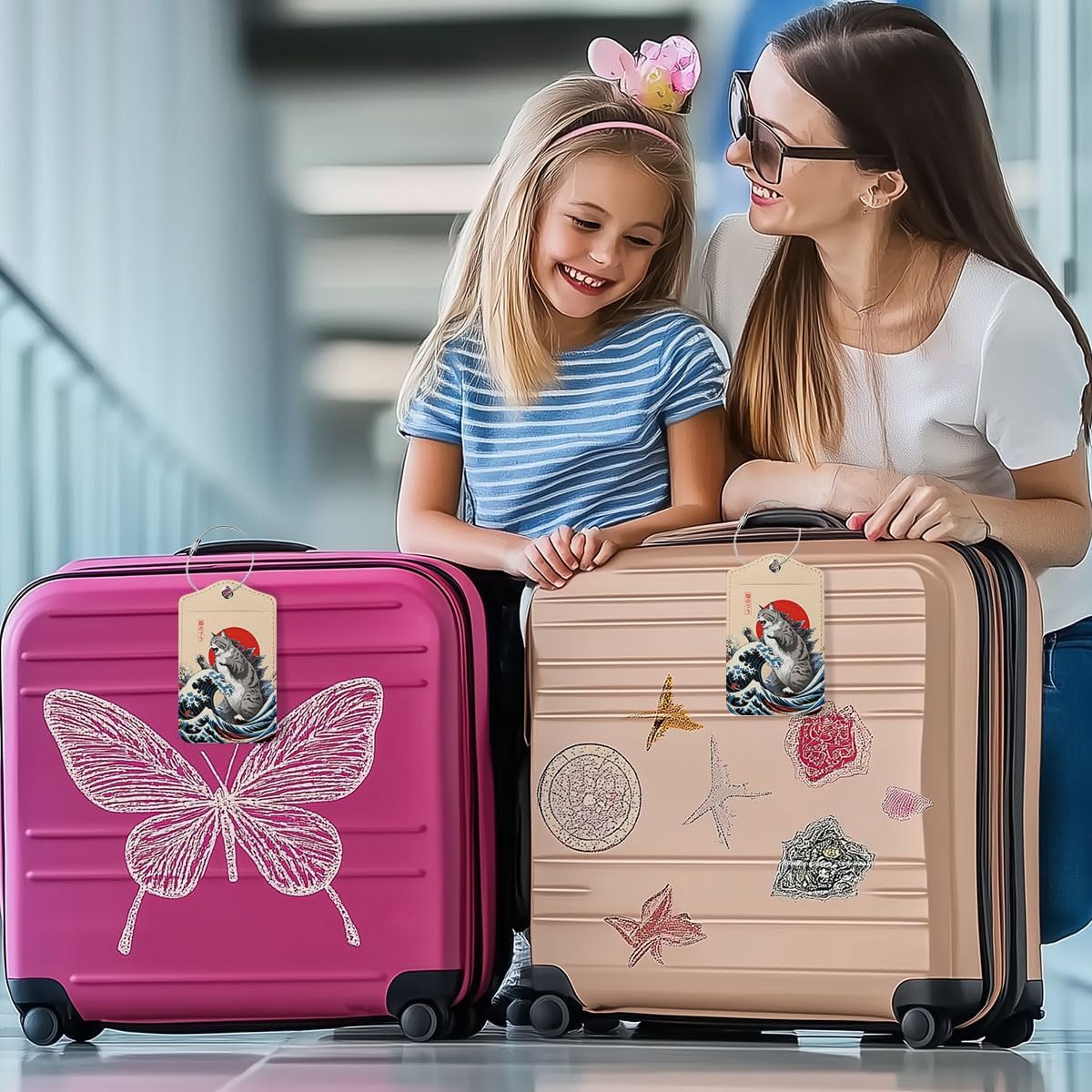 2Pcs Funny Japanese Cat Luggage Tag, Suitcase Tags with Privacy Flap and Metal Loop, Luggage Tags for Suitcases, Identifiers Travel Essentials Bag Tag, Cat Lovers Gifts for Women Girls Friends