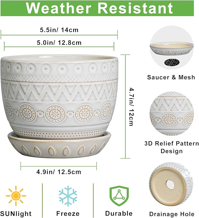 G EPGardening Ceramic Planters for Indoor Plants - 5 Inch Plant Pot for Outdoor Plants Succulent Planter with Drainage Hole and Saucer Flower Pot for Room Decor White