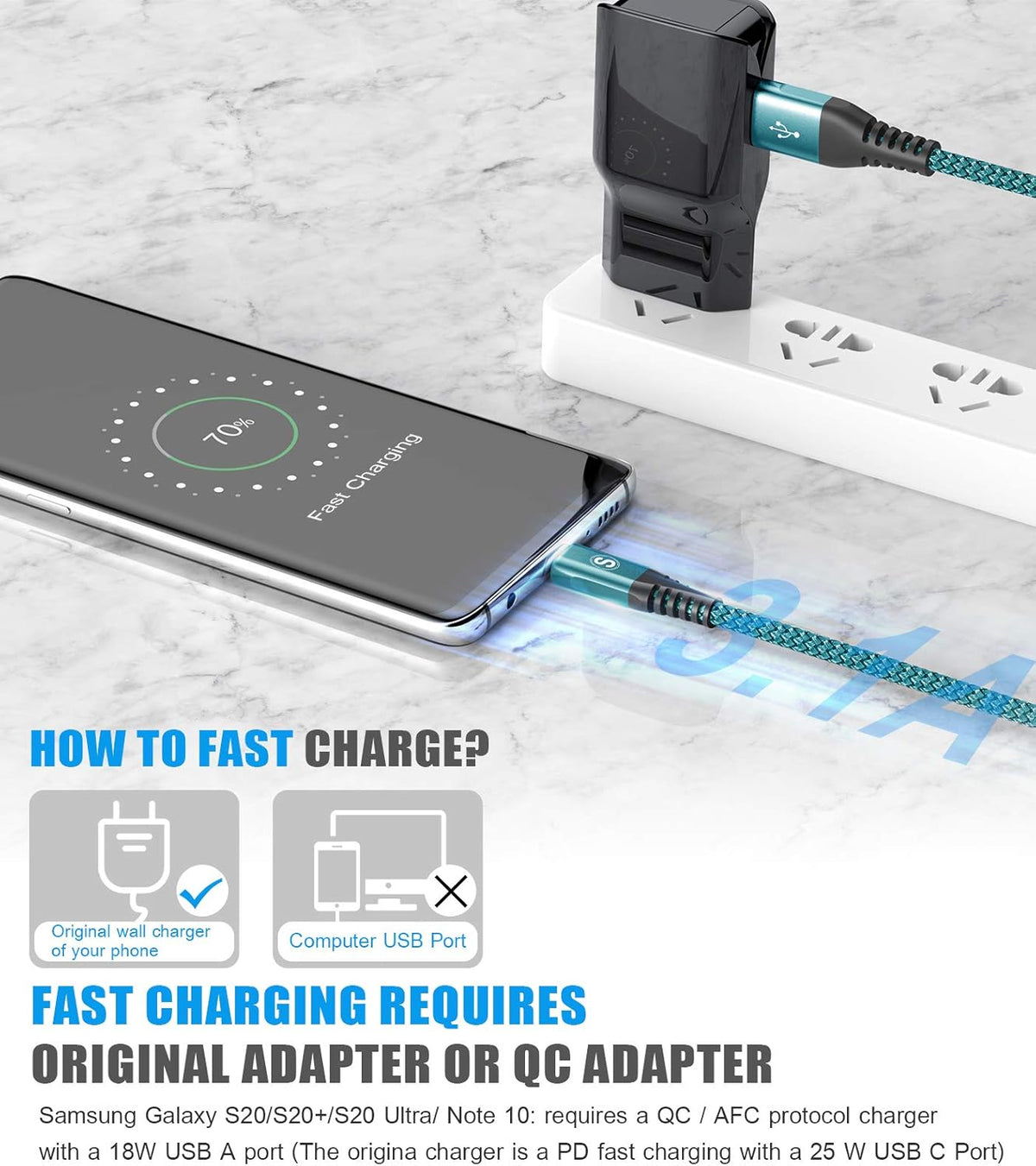 USB C Cable 3.1A Fast Charging [3Pack,10ft+6.6ft+3.3ft], sweguard USB-A to USB-C Charger Nylon Braided Cord for Samsung Galaxy S21 S20 S10 S9 S8 Plus/FE Note 20 10 9 8 7, A71 A51 A32,LG,Moto,PS5-Green