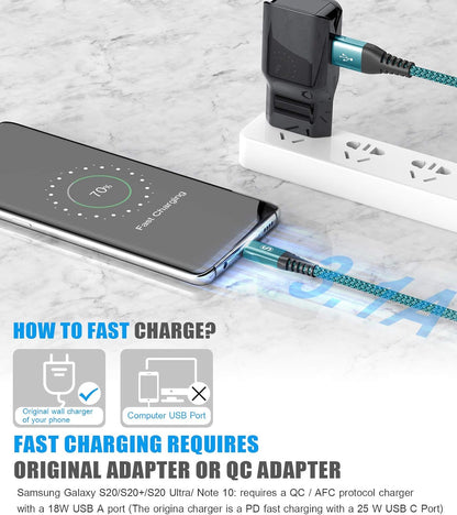 USB C Cable 3.1A Fast Charging [3Pack,10ft+6.6ft+3.3ft], sweguard USB-A to USB-C Charger Nylon Braided Cord for Samsung Galaxy S21 S20 S10 S9 S8 Plus/FE Note 20 10 9 8 7, A71 A51 A32,LG,Moto,PS5-Green