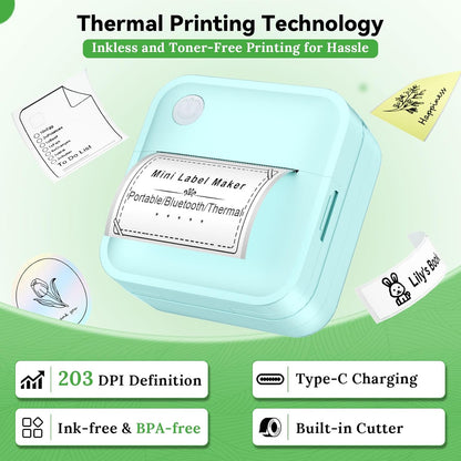 Label Maker Machine with Tape - 14 Sizes Mini Sticker Printer Bluetooth Label Printer for Home Office Organization, Portable Thermal Sticker Maker Print Pod with Multiple Templates for Phone