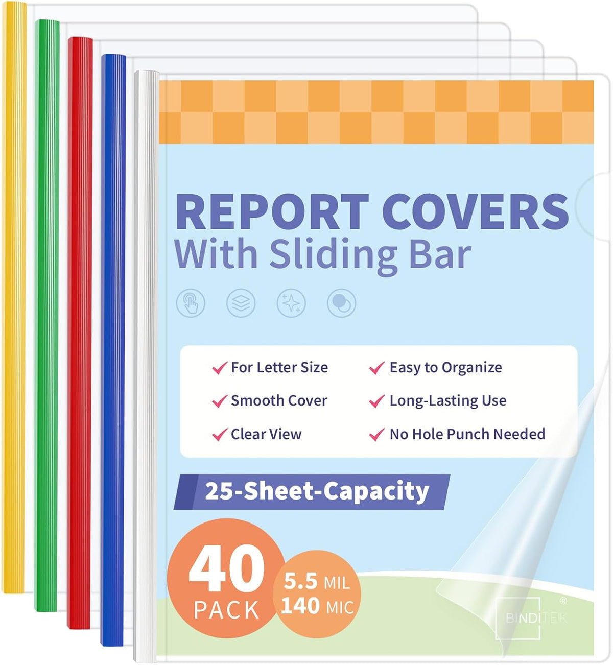 Binditek 40 Pack Clear Report Covers with Sliding Bars, 25 Sheet Capacity, 5mm Sliding Bar File Folder, Letter Size, 5.5 Mil Thick, 5 Assorted Colors, for Students and Coworkers