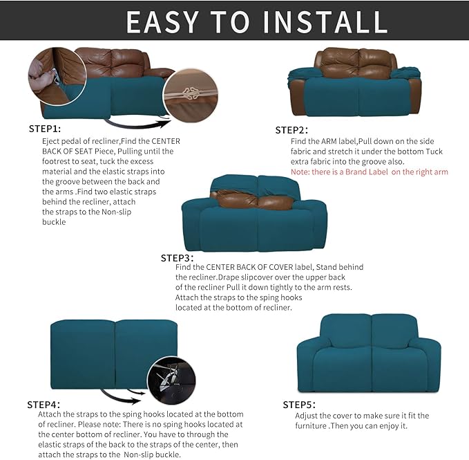 Easy-Going 6 Pieces Recliner Loveseat Stretch Sofa Slipcover Sofa Cover Furniture Protector Couch Soft with Elastic Bottom Kids, Spandex Jacquard Fabric Small Checks Peacock Blue