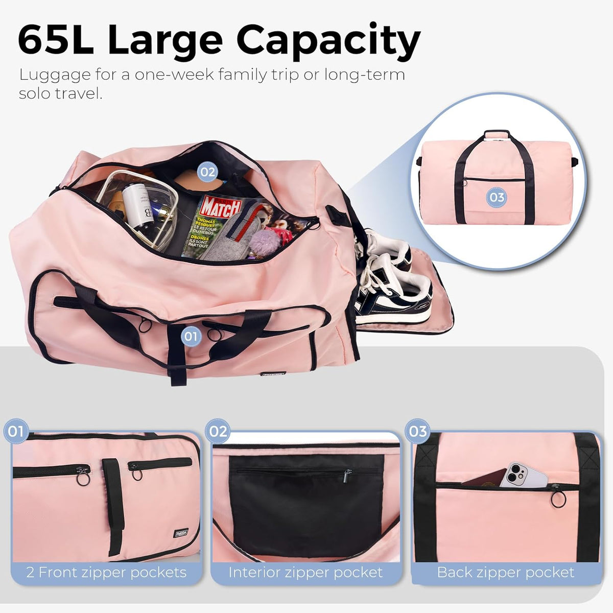 Fmeida 65L Duffle Bag with Shoes Compartment, Foldable Travel Duffel Bags for Men Women, Large Packable Travel Bag Water Repellent & Tear Resistant (Light Pink)