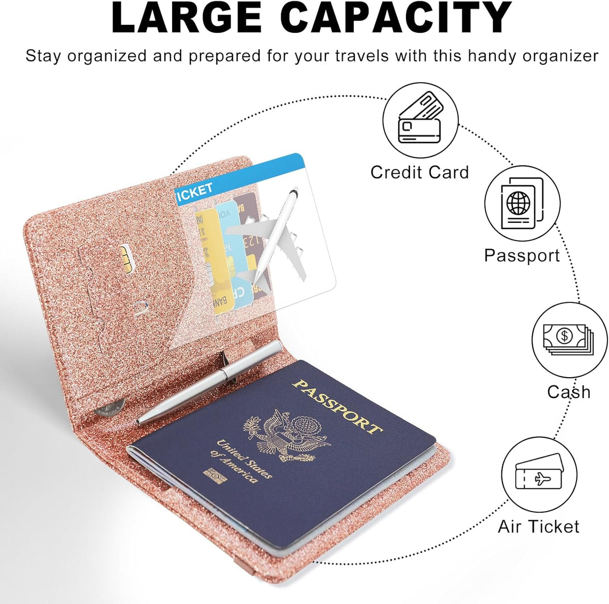 ACdream RFID BLOCKING Passport Holder Travel Wallet, Premium PU Leather Cover Passport Book with Card Holder, Pen Holder, Keep Organization, and Travel Essentials for Women and Men, Glitter Rose