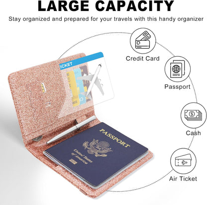 ACdream RFID BLOCKING Passport Holder Travel Wallet, Premium PU Leather Cover Passport Book with Card Holder, Pen Holder, Keep Organization, and Travel Essentials for Women and Men, Glitter Rose