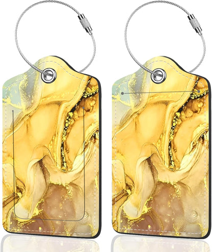 2Pack Luggage Tags for Suitcases, Cute Unique Pu Leather Cruise Luggage Tag with Privacy Cover ID Label Address Card and Metal Ring Suitable for Women Men Kids Travel Bag Golden Marble