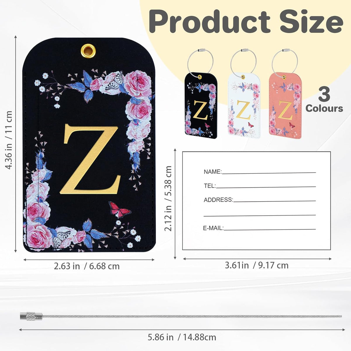 3 Pack Luxury Floral Luggage Tags, Durable PU Leather Suitcase Tags with Stainless Steel Cable Strap, Hidden ID Slot for Privacy Protection, Easy to Identify Waterproof Travel Accessories Gift (Z)