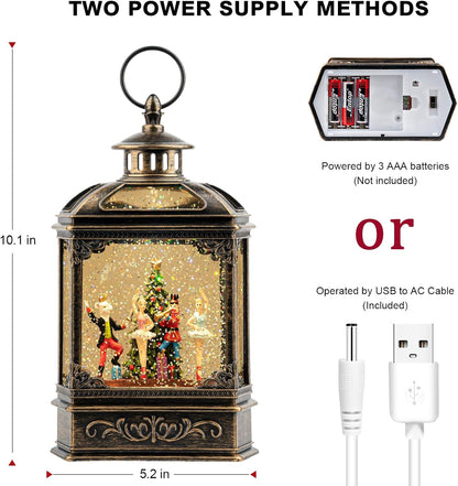 Christmas Snow Globe Lantern Water Glittering Nutcracker Ballet Stage with Music & Timer, USB Lined/Battery Operated Lighted Lantern for Christmas Festival Decoration Gifts
