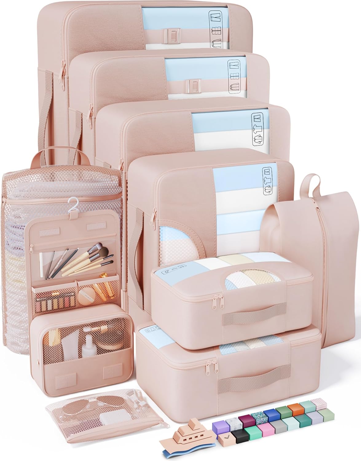 Veken 10 Set Packing Cubes for Travel, Beach Vacation Essentials Accessories for Cruise Ship, Suitcase Organizer Bags for Luggage with Hanging Toiletry & Shoe Bag, Birthday Gifts for Women Mom Her