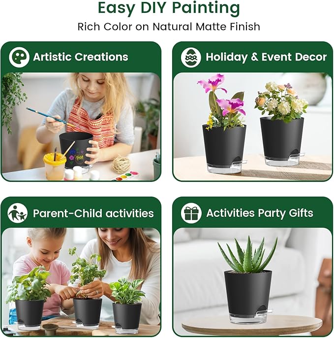 5 inch Self Watering Flower Pots for Indoor Plants, 5 Pack Small Plant Pots with Drainage Holes & Clear Reservoir for Visible Water Level, Plastic Wicking Planter Pots for House Plants, Black