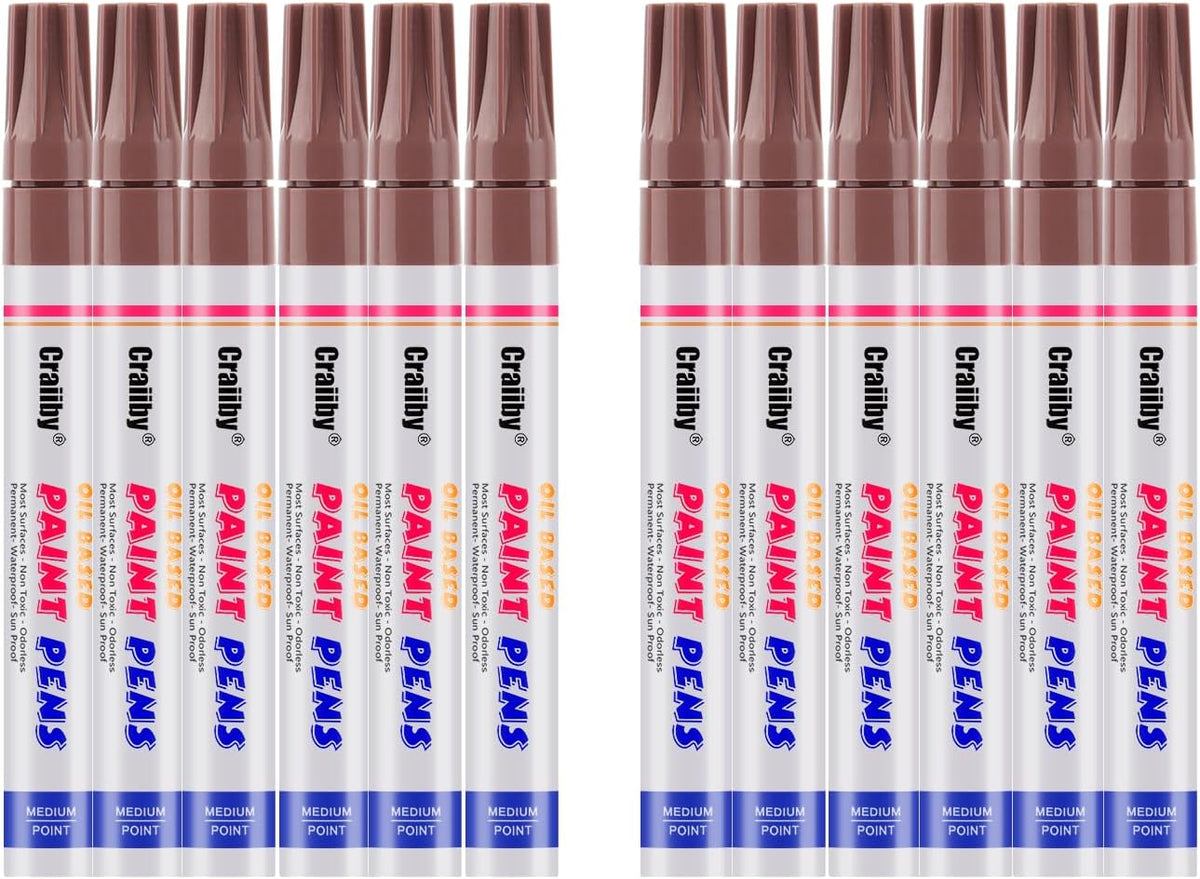 Brown Paint Markers, 12 Pack Oil-Based Waterproof Quick Dry Permanent Paint Pen Set for Rocks Painting, Wood, Fabric, Plastic, Canvas, Glass, Mugs, Metal, Tire, Stone, DIY Craft