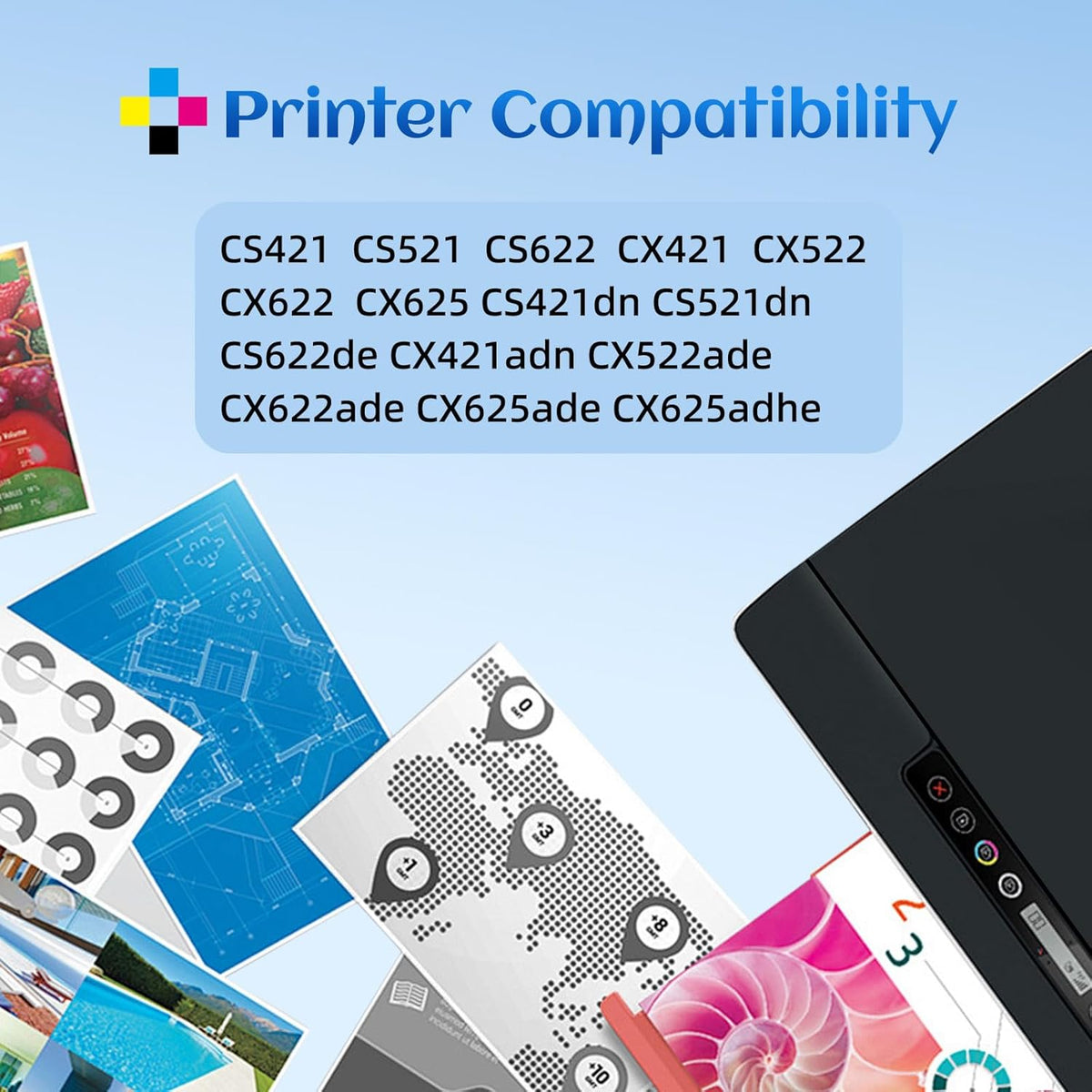 78C1XK0 78C1XC0 78C1XM0 78C1XY0 High Yield Toner Cartridge Replacement for Lexmark CS421 CS521 CS622 CX522 CX421 CX622 CX625 CS622de CS521dn CS421dn CX421adn CX522ade Printer （4 Pack）