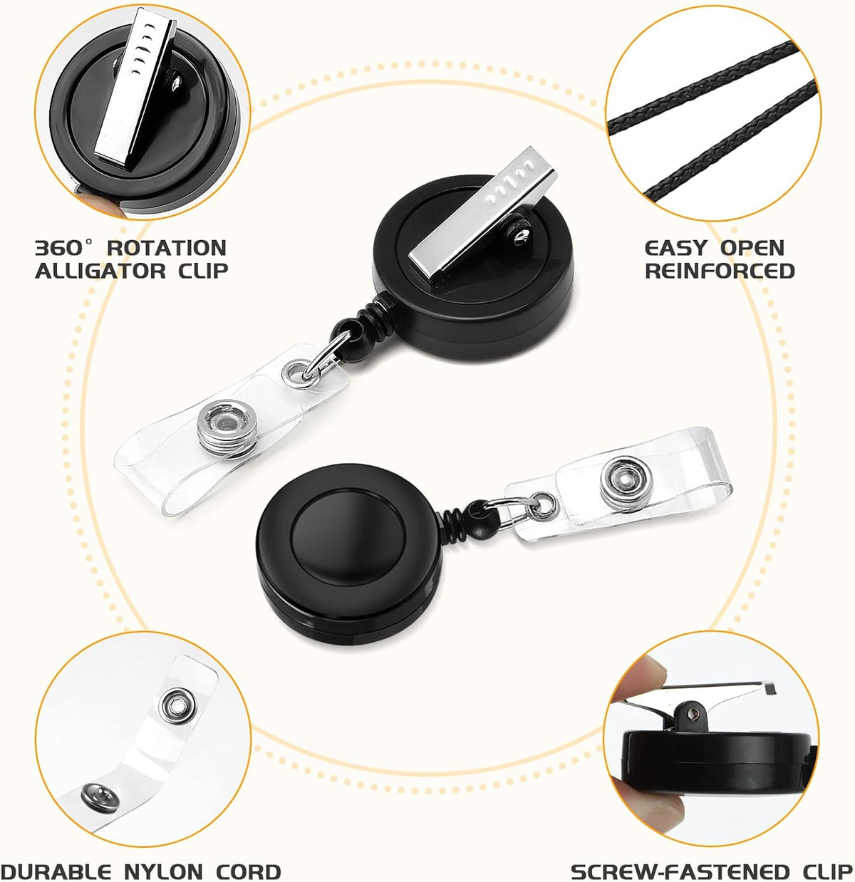 25 Pack Badge Reels Retractable with Swivel Alligator Clip Retractable Badge Holder Reels for Students, Teachers, Office Workers (Black)