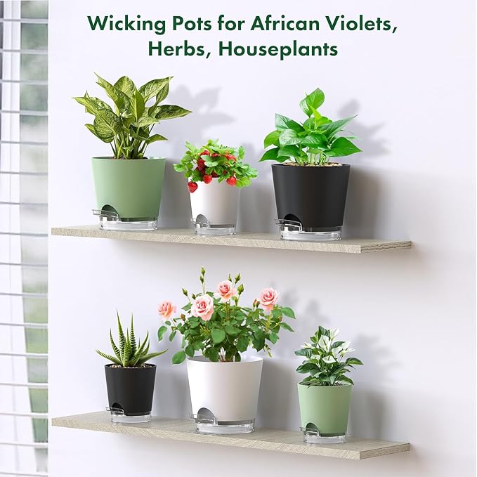 5 inch Self Watering Flower Pots for Indoor Plants, 5 Pack Small Plant Pots with Drainage Holes & Clear Reservoir for Visible Water Level, Plastic Wicking Planter Pots for House Plants, Black