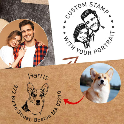 Custom Face Photo Stamp Self Inking Personalized Portrait Text Stamper Customized Name Logo Round Rubber Stamp for Office Return Address Stamper Funny Gifts for Pets Teacher Family Face