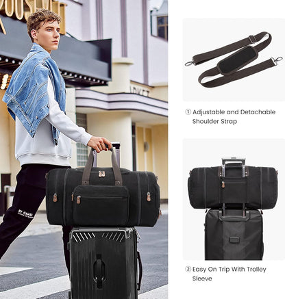 Sucipi Canvas Travel Duffel Bag for Men, Weekend Overnight Bag with Shoe Compartment and Toiletry Bag, Carry-On for Airplanes, Black