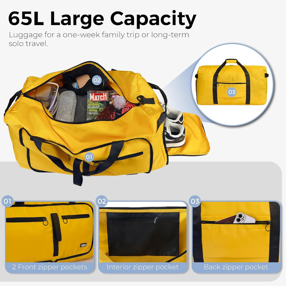 Fmeida 65L Duffle Bag with Shoes Compartment, Foldable Travel Duffel Bags for Men Women, Large Packable Travel Bag Water Repellent & Tear Resistant (Yellow)