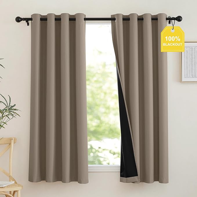 NICETOWN 100% Full Blackout Portable Curtains for Bedroom, Grommet Lightweight Travel Black Out Shades Window Treatments Thermal Curtains for Laundry/Kitchen, Tan, W52 x L63, 2 Panels