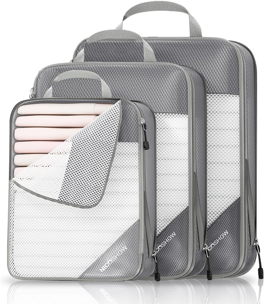 3 Set Compression Packing Cubes for Travel - Compressible, Lightweight, and Space-Saving Packing Cubes, Travel Essentials for Women, Grey