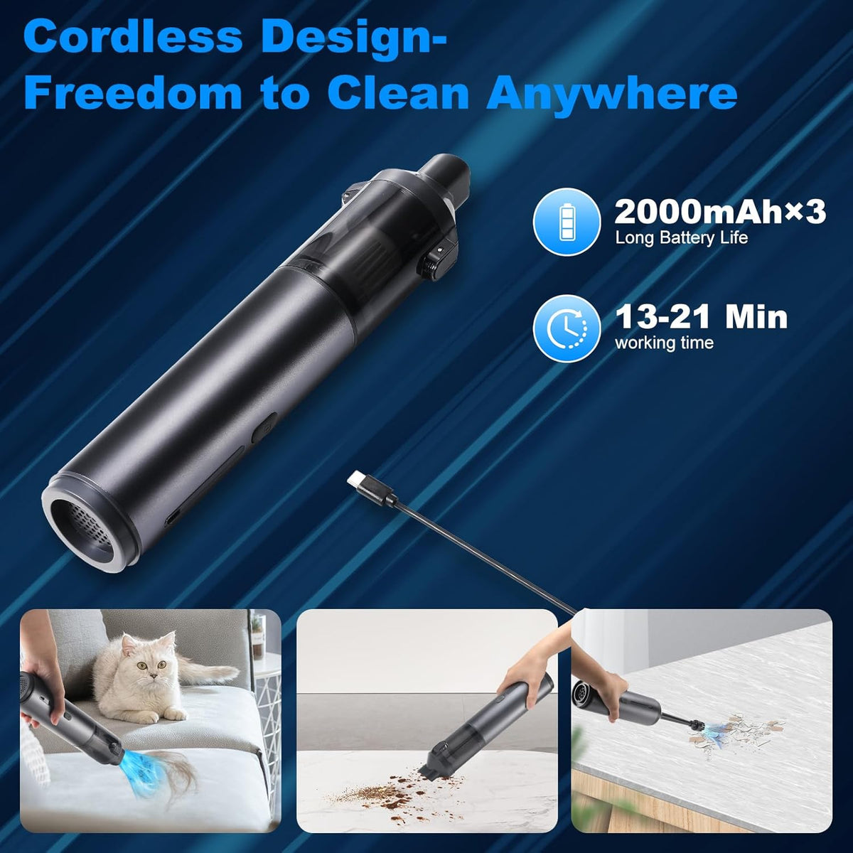 Mini Car Vacuum Cleaner, USB Charging, 4-in-1 Portable Handheld Cordless Vacuum Cleaner, 16,000pa Suction, 2 Suction Modes for Car, Home and Pet Hair