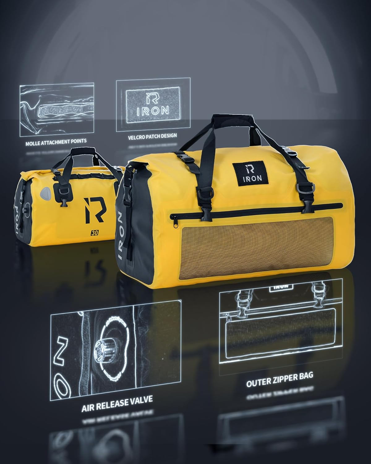 BORLENI Waterproof Motorcycle Dry Duffel Bag Luggage Tail Bag with Large Storage Space,Roll Top Closure, Shoulder Straps, Inner Pocket and Mesh Pocket for Motorcycling Travel Camping(Yellow,30L)