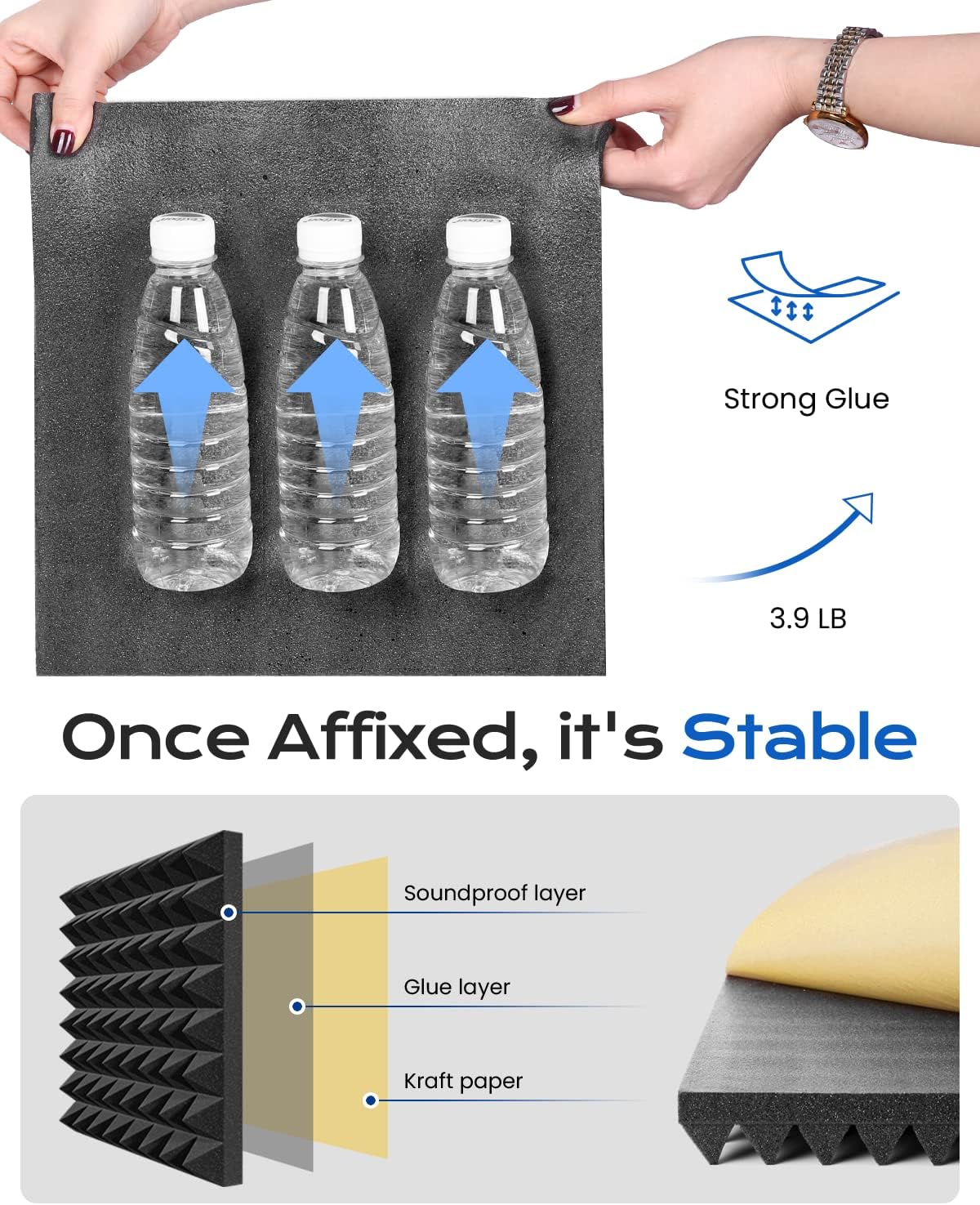 Sonicism Sound Proof Foam Panels for walls Self-Adhesive 24 Pack Pyramid 12" X 12" X 2" Acoustic Panels 35kg/m³High Density,Soundproof Wall Panels Fast Expand,Sound Absorption and Decoration,Black