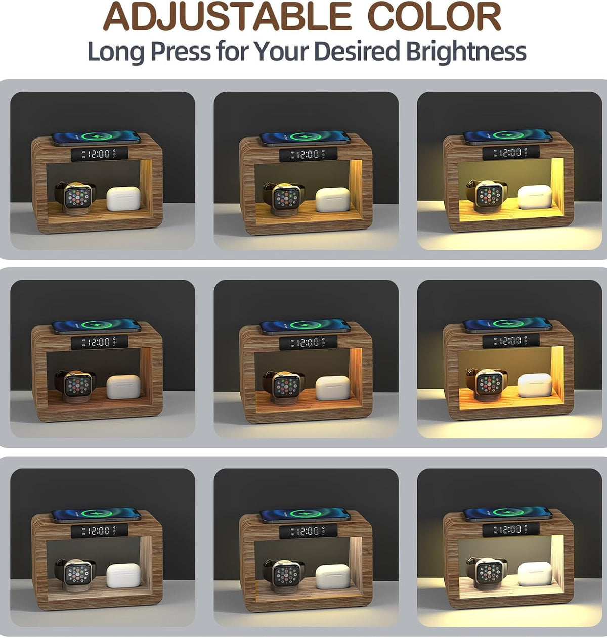 Wireless Charging Station with Clock, Desk Lamp 15W Fast Wireless Charger Night Light with 3 Color, Bamboo Wireless Charging Station Dock for iPhone/AirPod/iWatch, Gifts for Women Men