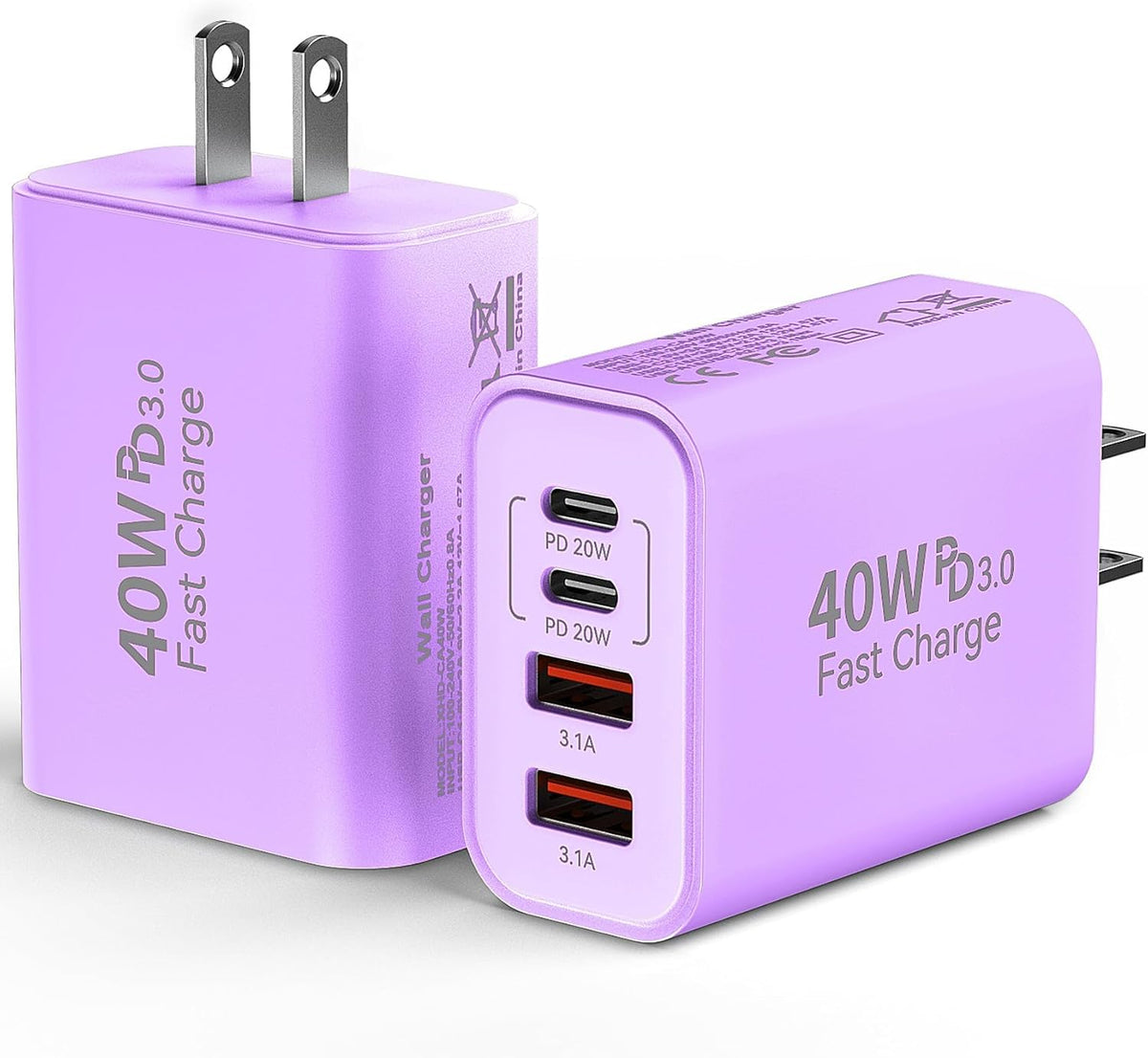USB C Wall Fast Charger Block, 40W 4-Port Type C Chargers Fast Charging Blocks PD Power Charger Adapter+QC 3.0 USB Multiport Charger Brick for Phone 17/16/15/14/13/12 Pro Max, i-Pad, Galaxy S25-2Pack