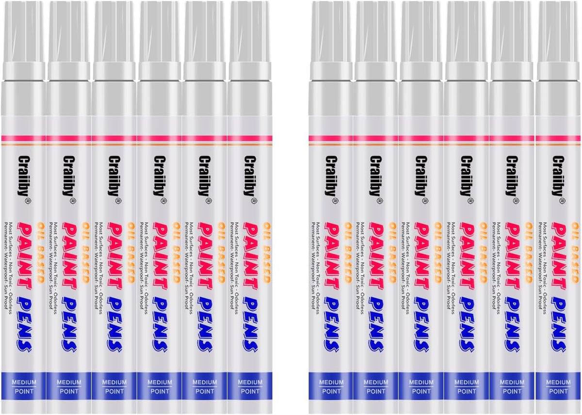 White Paint Markers, 12 Pack Oil-Based Waterproof Quick Dry Permanent Paint Pen Set for Rocks Painting, Wood, Plastic, Canvas, Glass, Mugs, Metal, Tire, Stone, DIY Craft